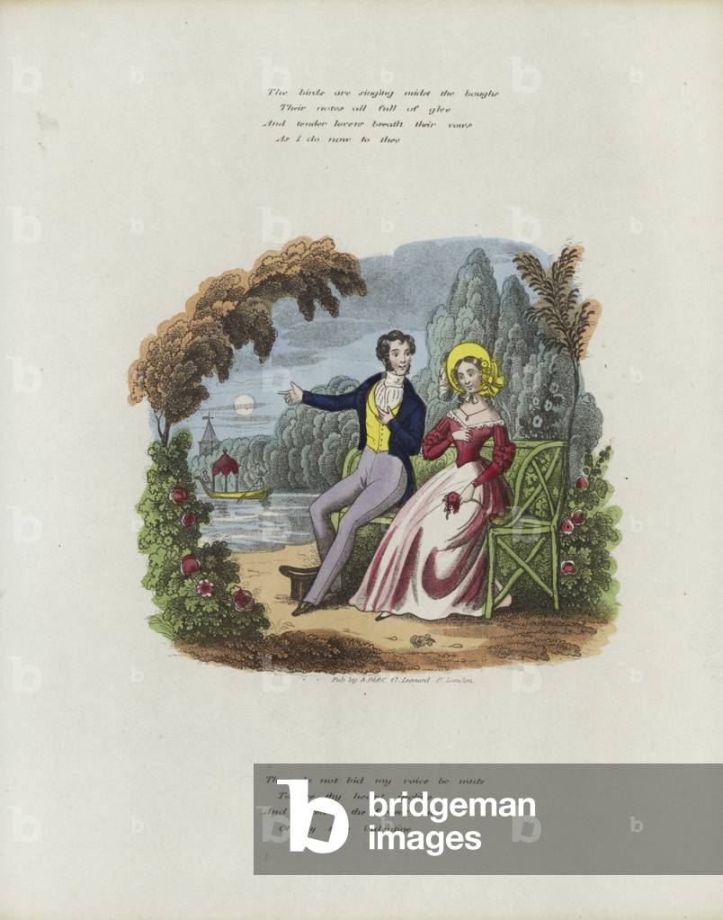 British Valentine card with an image of a man and a woman sitting in a garden (colour litho)