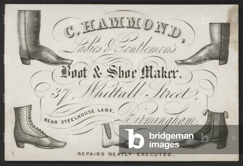 Trade card for C Hammond, boot and shoe maker, Birmingham (engraving)