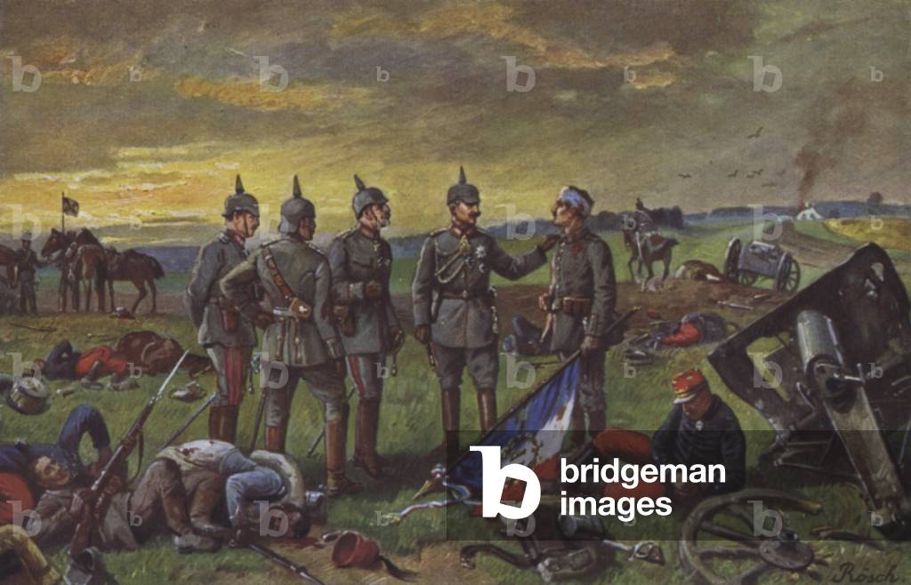 German soldiers on the battlefield after a victory over the French, Franco-Prussian War, 1870 (colour litho)
