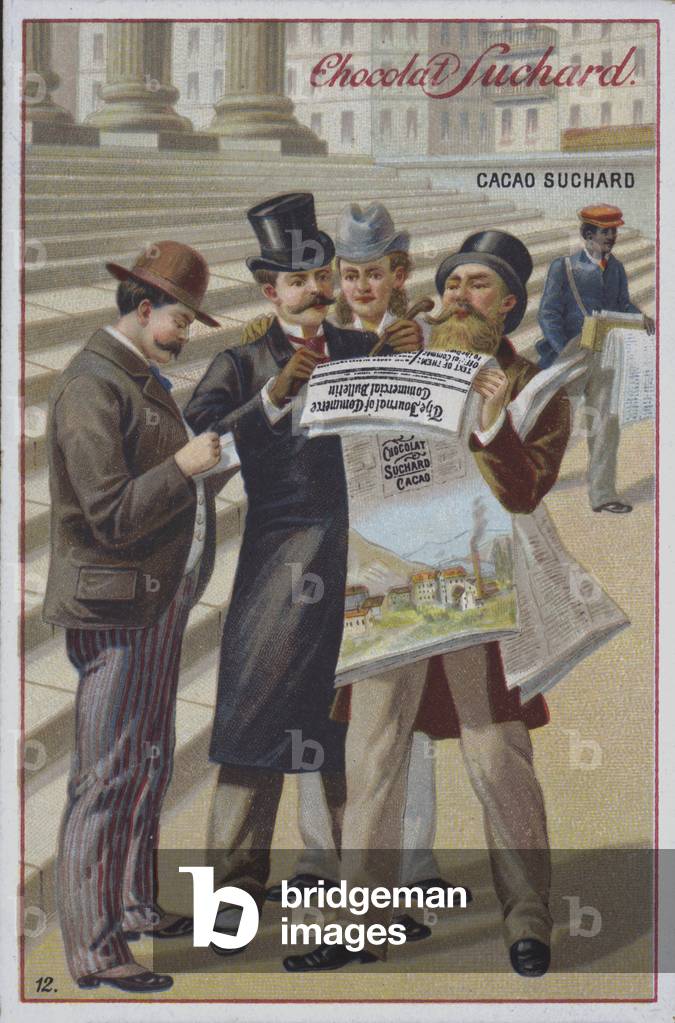 Men reading a newspaper in the street, advertisement for Suchard cocoa (chromolitho)