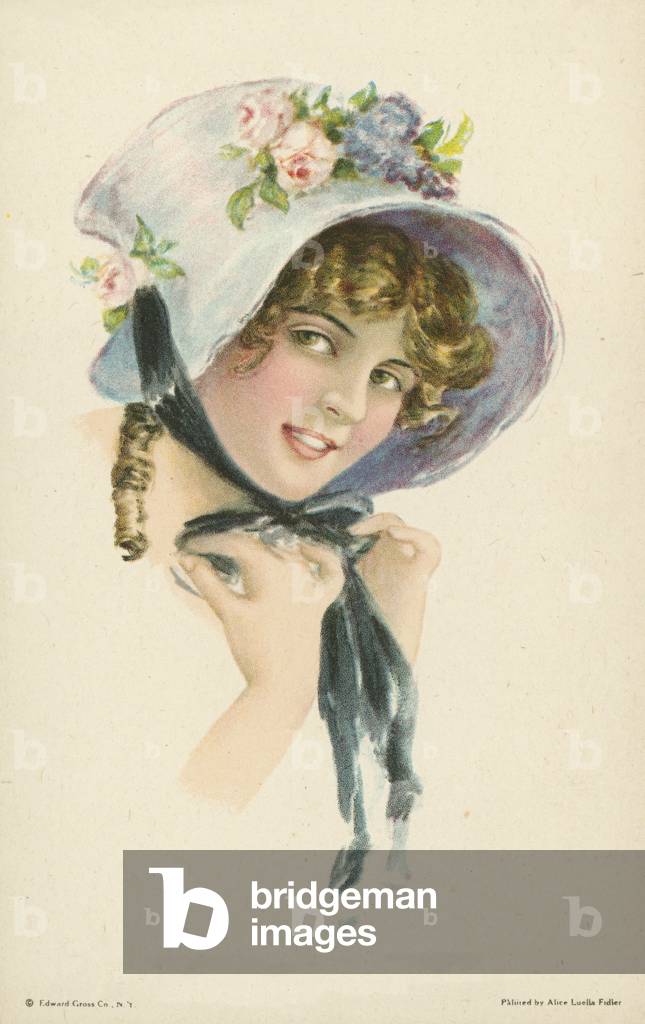Portrait of a pretty young woman in a blue bonnet (colour litho)