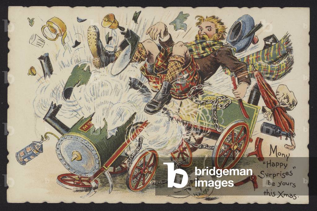 Scotsman riding an exploding steam engine (chromolitho)