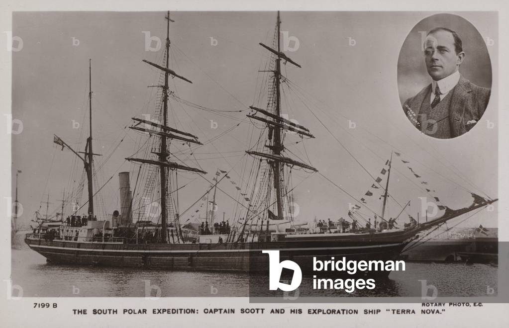 The South Polar Expedition: Captain Scott and his exploration ship Terra Nova (b/w photo)