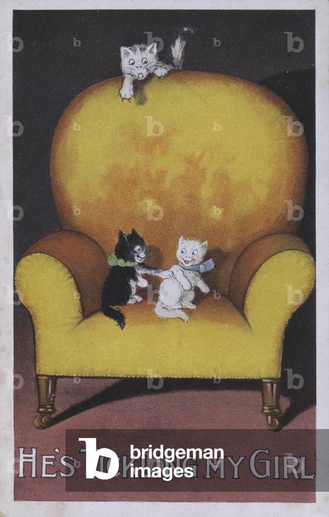 Cats playing on a yellow chair - hes tickling my girl (colour litho)