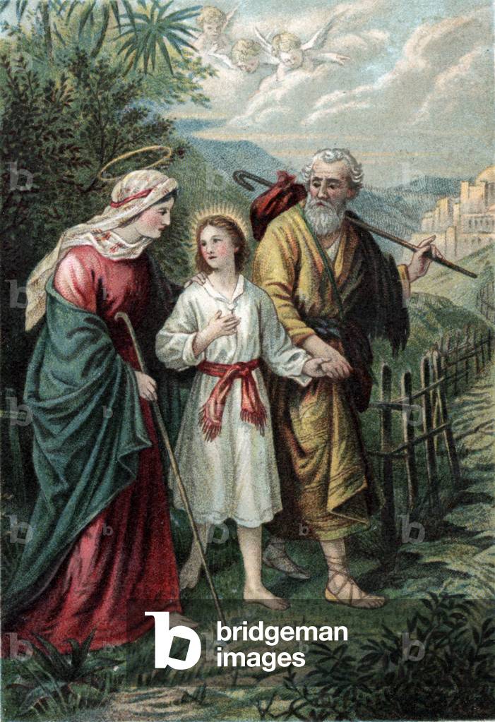 Joseph and Mary with Jesus (colour litho)
