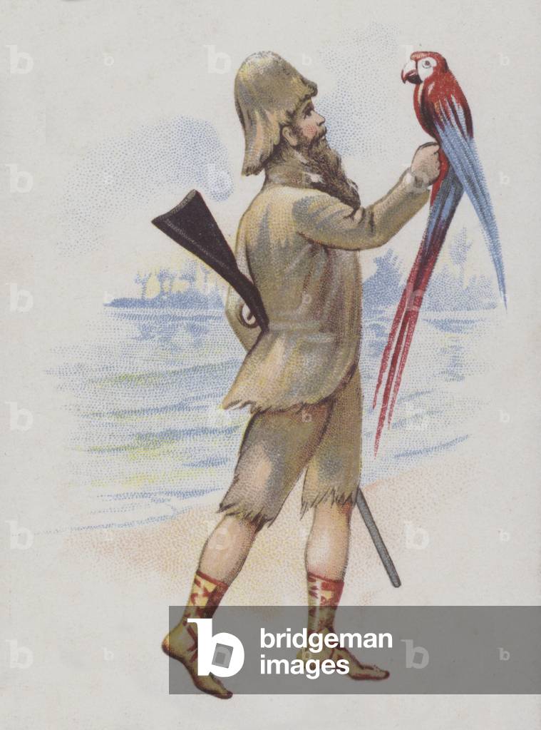 Robinson Crusoe and his parrot: Christmas card (chromolitho)