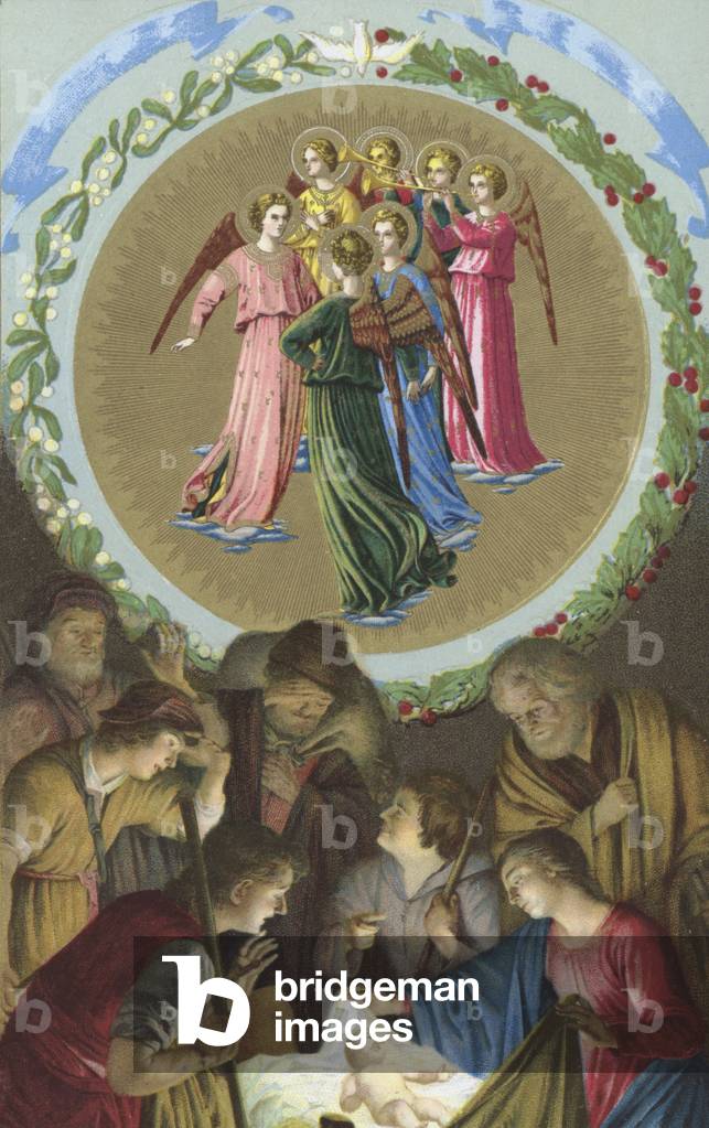Adoration of the Magi, with Angels in Heaven above: Christmas card (chromolitho)