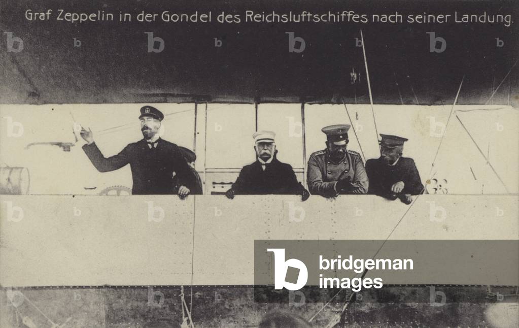 German airship constructor Graf Ferdinand von Zeppelin in the gondola of one of his airships after landing (b/w photo)