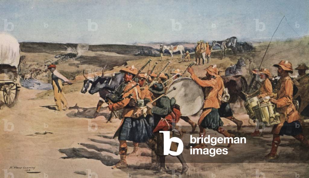 Drums and pipes of the 91st (Argyllshire) Highlanders marching across the Veldt, South Africa, Boer War (colour litho)