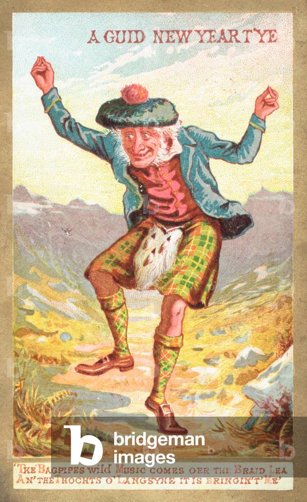 Scotsman Dancing! New Year Card (chromolitho)