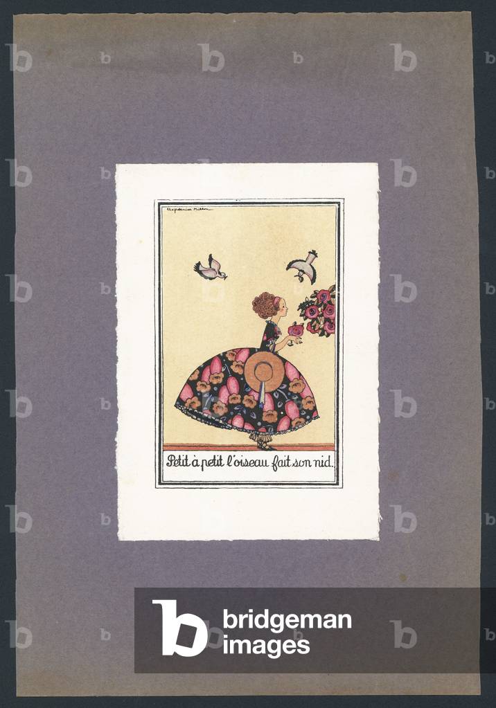 Little by little, the bird builds its nest (colour litho)