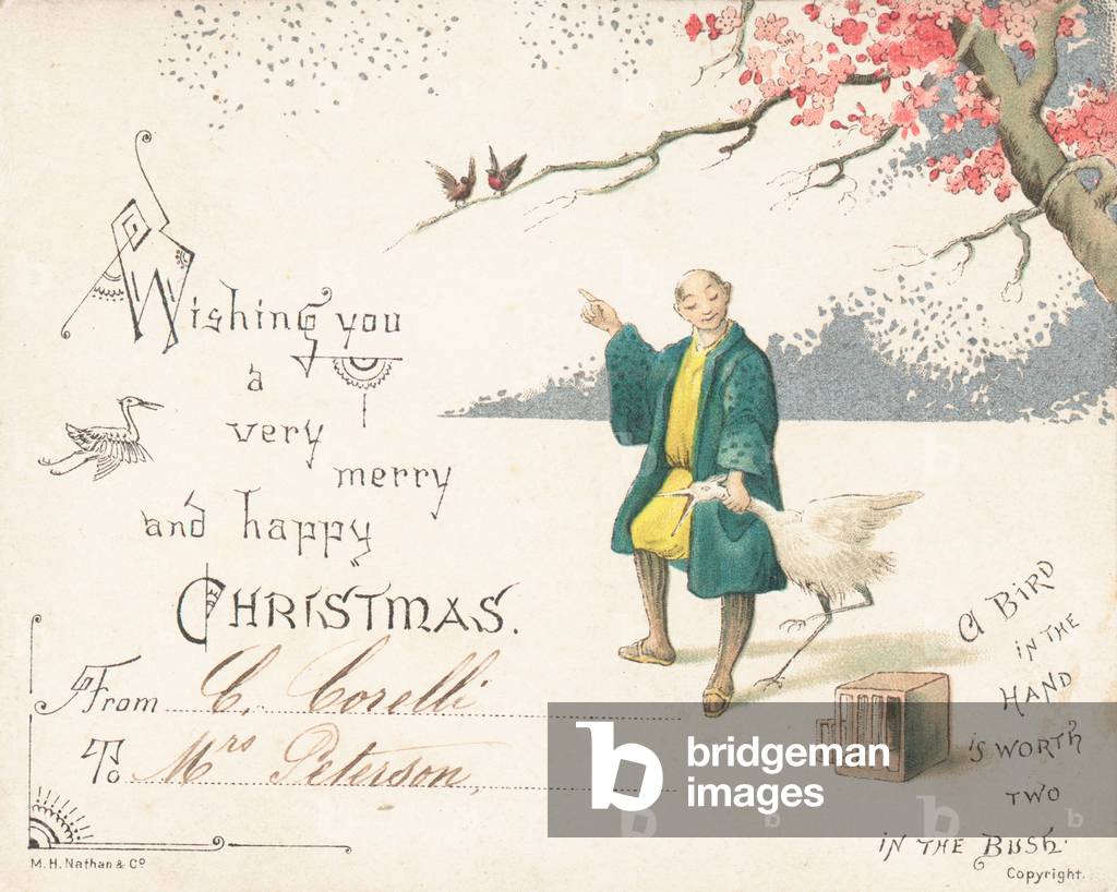 Chinese Man holding Stork, Christmas Card (chromolitho)