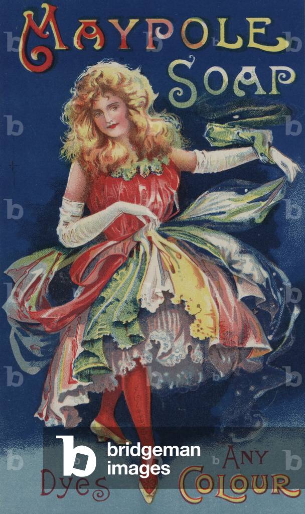 Woman in a colourful dress: advertisement for Maypole soap dye (chromolitho)