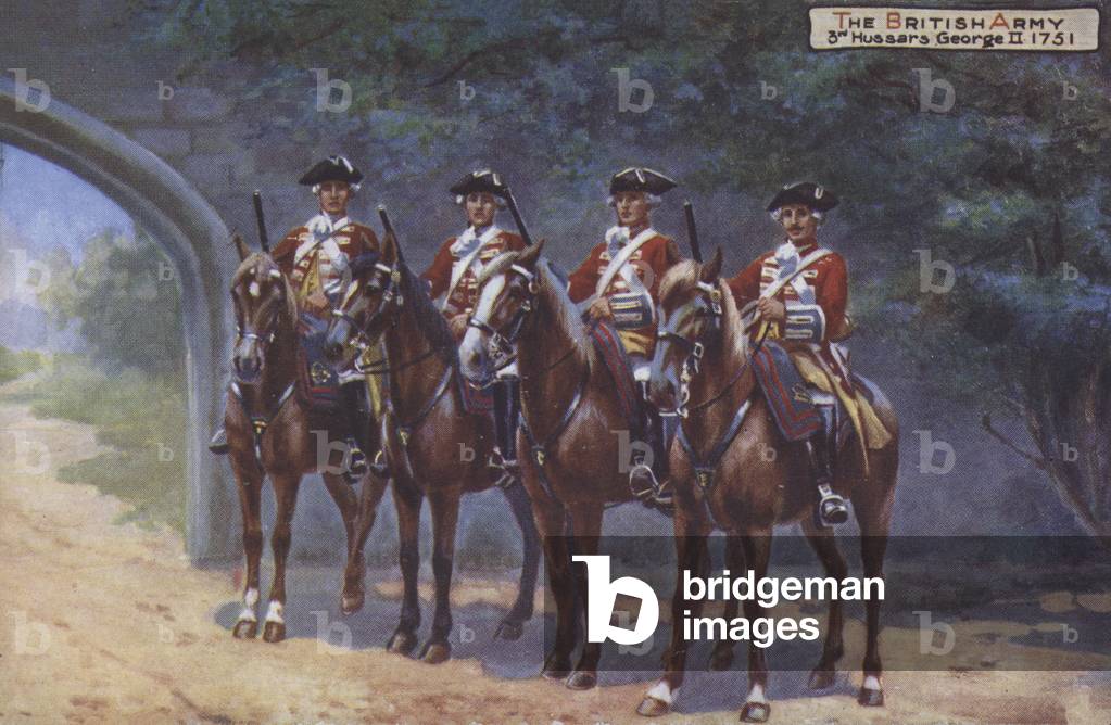 Four soldiers of the 3rd Hussars during the reign of King George II,1751 (colour litho)