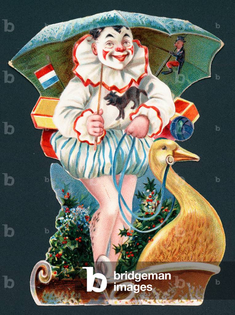 Clown holding umbrella on goose sledge, Christmas Card (chromolitho)