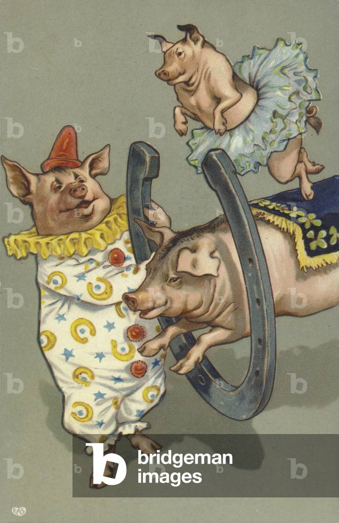 Pigs playing with a horseshoe (chromolitho)