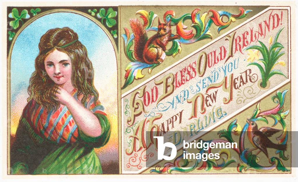 Irish Girl Smiling, New Year Card (chromolitho)