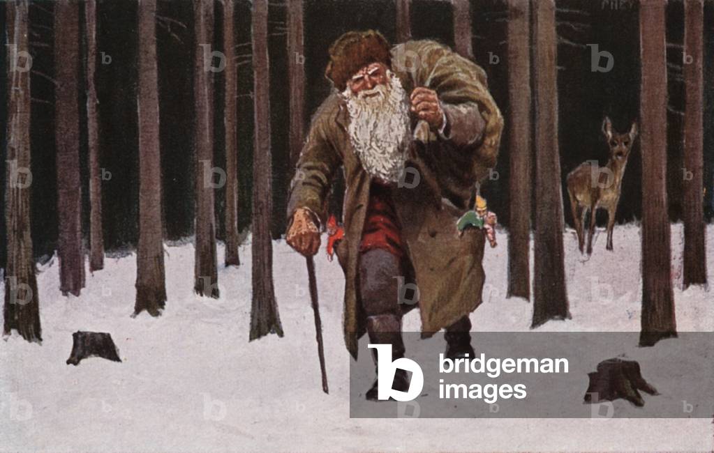 Christmas card, Santa Claus trudging through the snow with bag of presents, deer in background (colour litho)