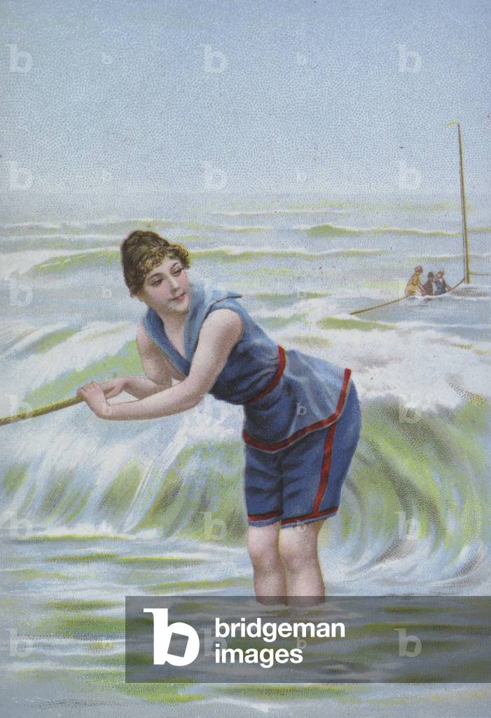 Woman bathing at the seaside (chromolitho)