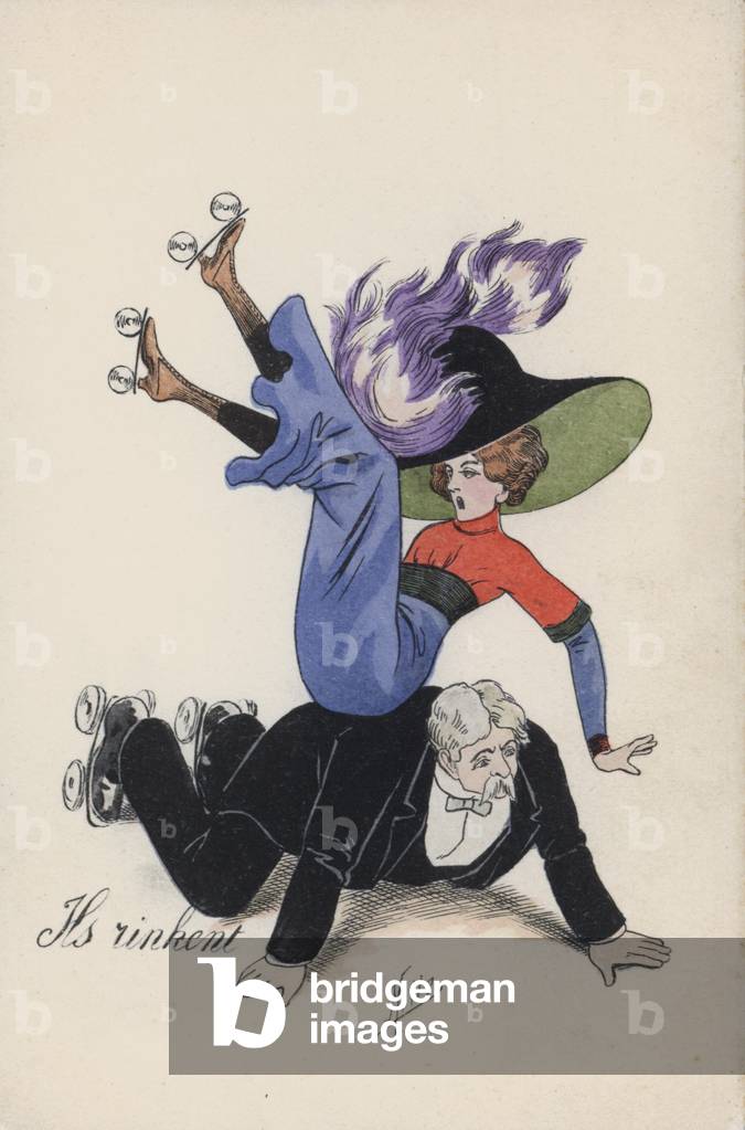 Roller skating accident (colour litho)