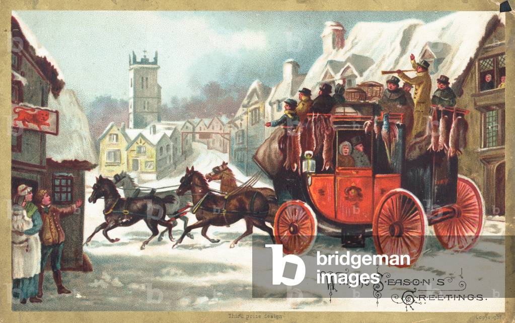 Stage Coach in the snow, Christmas Card (chromolitho)