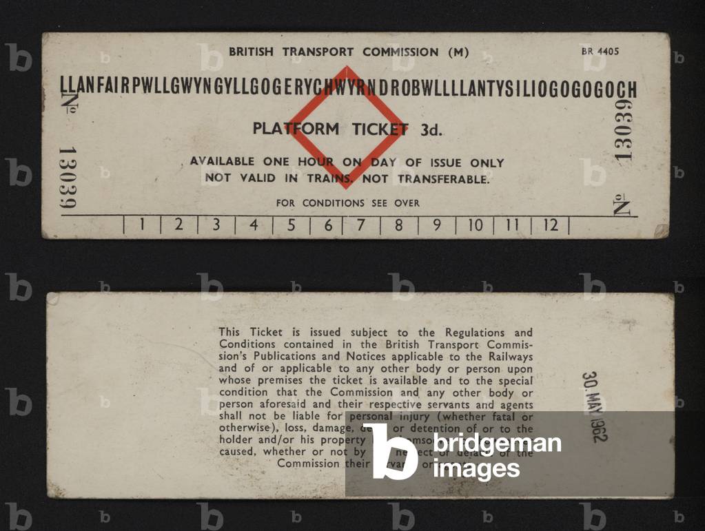 Platform ticket for the railway station at Llanfairpwllgwyngyllgogerychwyrndrobwllllantysiliogogogoch, Anglesey, Wales, the location with the longest place name in Britain, 1962 (colour litho)