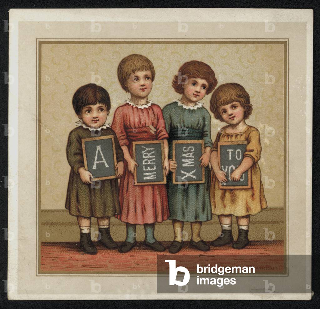 Children holding slates with a Christmas message, greetings card. (chromolitho)