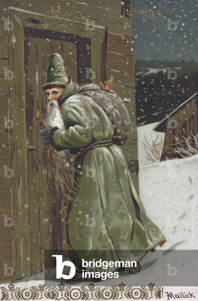 German Christmas greetings card depicting Santa Claus listening at the door of a house. (chromolitho)