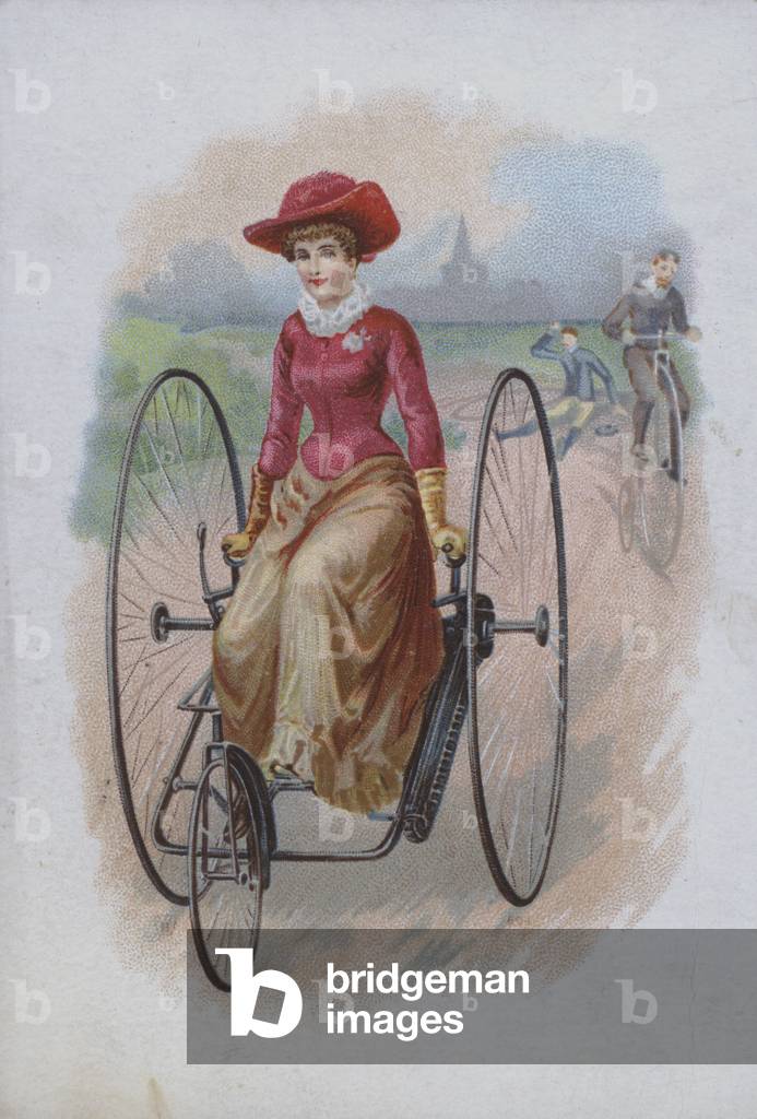 Woman riding a tricycle (chromolitho)