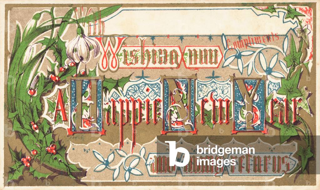 Seasonal Flowers, New Year Card (chromolitho)