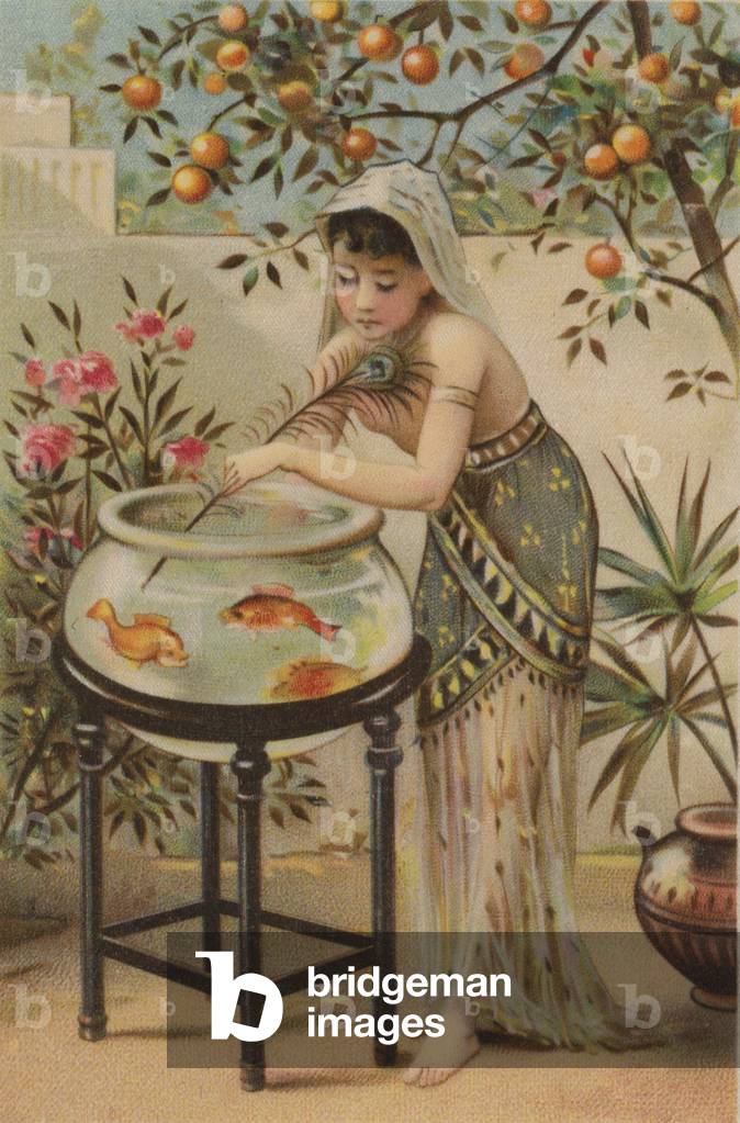 Girl teasing goldfish with peacock feather (colour print on silk)