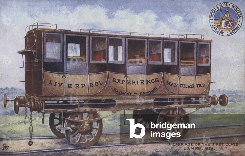 First class carriage of the Liverpool and Manchester Railway, 1838 (colour litho)