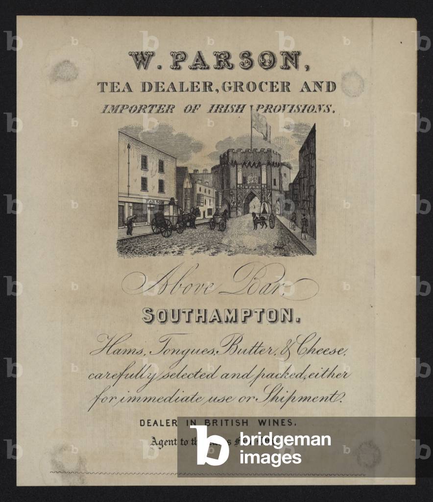 Advertisement for W Parson, tea dealer, grocer and importer of Irish provisions, Southampton, Hampshire (engraving)