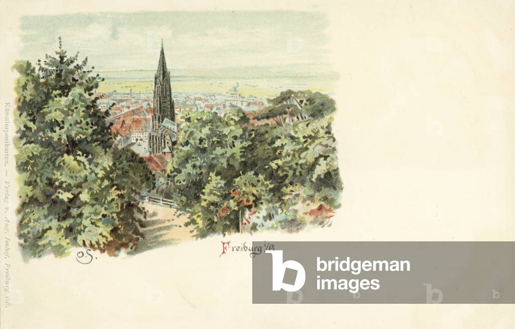 View of the city of Freiburg, Germany, with its cathedral (chromolitho)