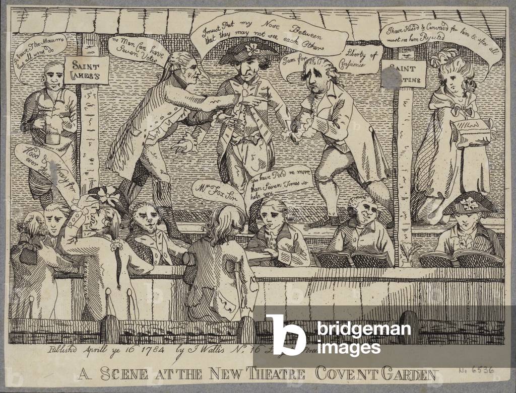 A Scene at the New Theatre, Covent Garden: satire depicting a political hustings in Covent Garden, London, 1784 (engraving)