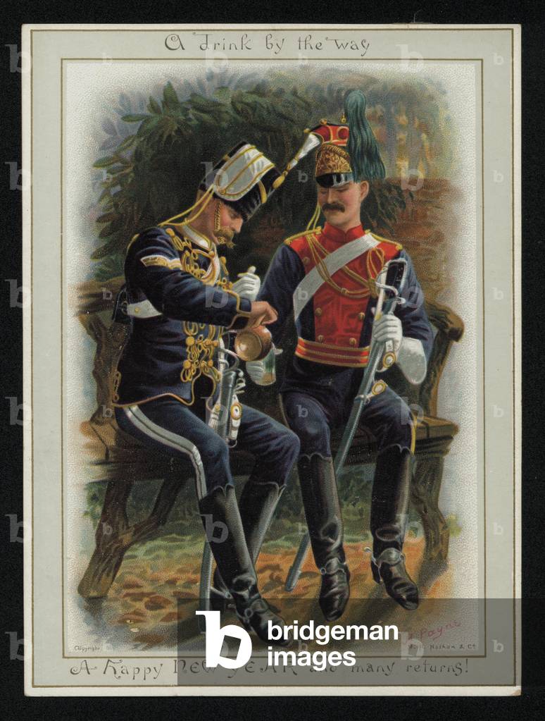Two cavalry soldiers enjoying a drink, New Year's greetings card. (chromolitho)