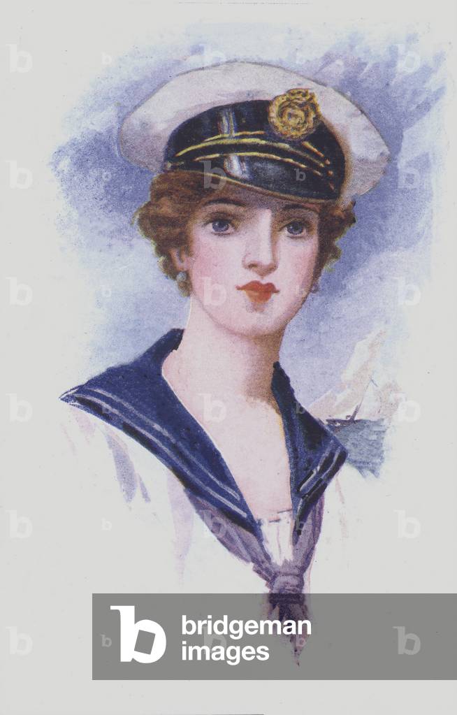 Portrait of a woman wearing nautical costume (colour litho)