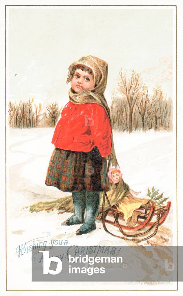 Little Girl standing by a sledge, Christmas Card (chromolitho)