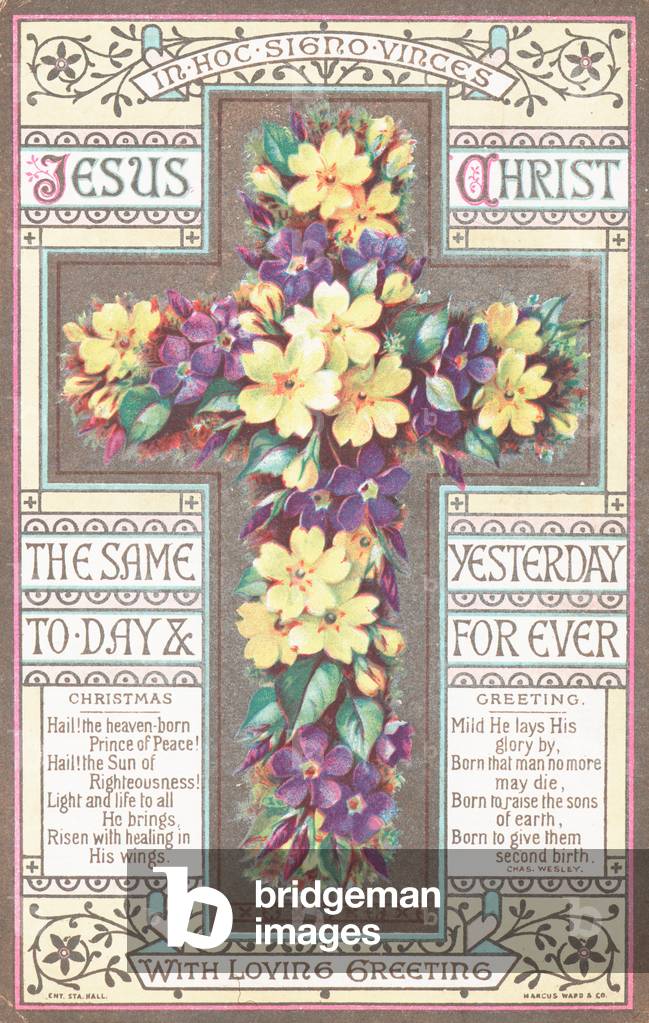 Cross with Flowers, Christmas Card (chromolitho)
