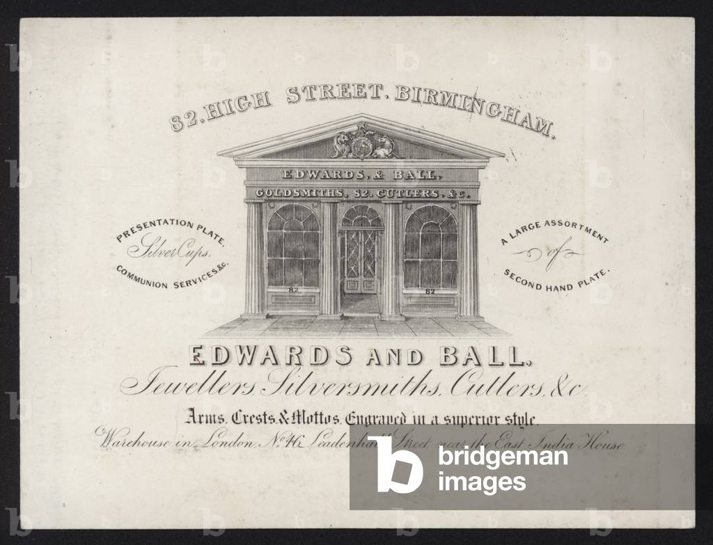 Trade card for Edwards and Ball, jewellers, silversmiths and cutlers, 52 High Street, Birmingham (engraving)