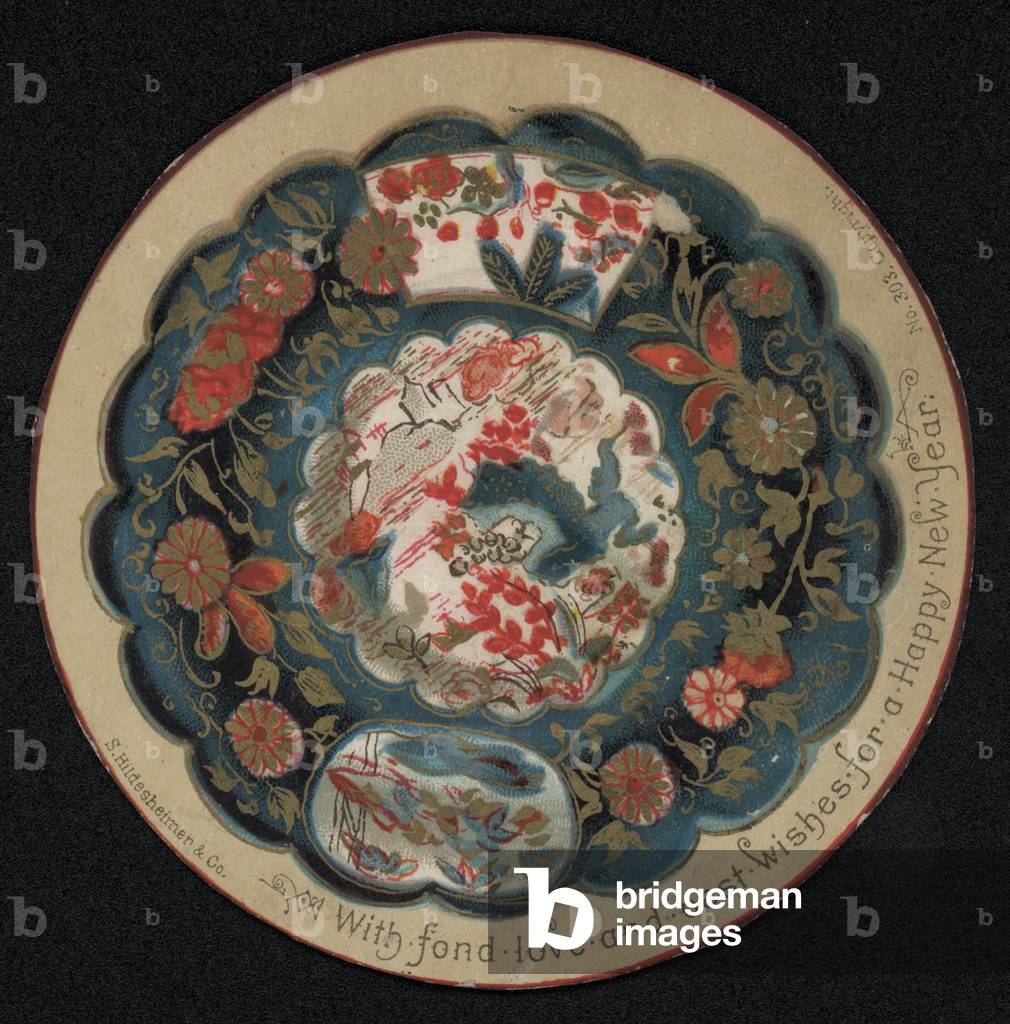 Japanese scene and pattern on a New Year's greetings card (chromolitho)