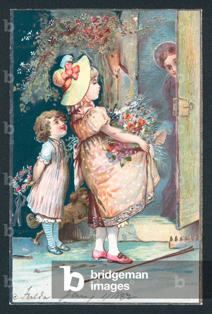 Delivering flowers for Christmas, Christmas Card (chromolitho)