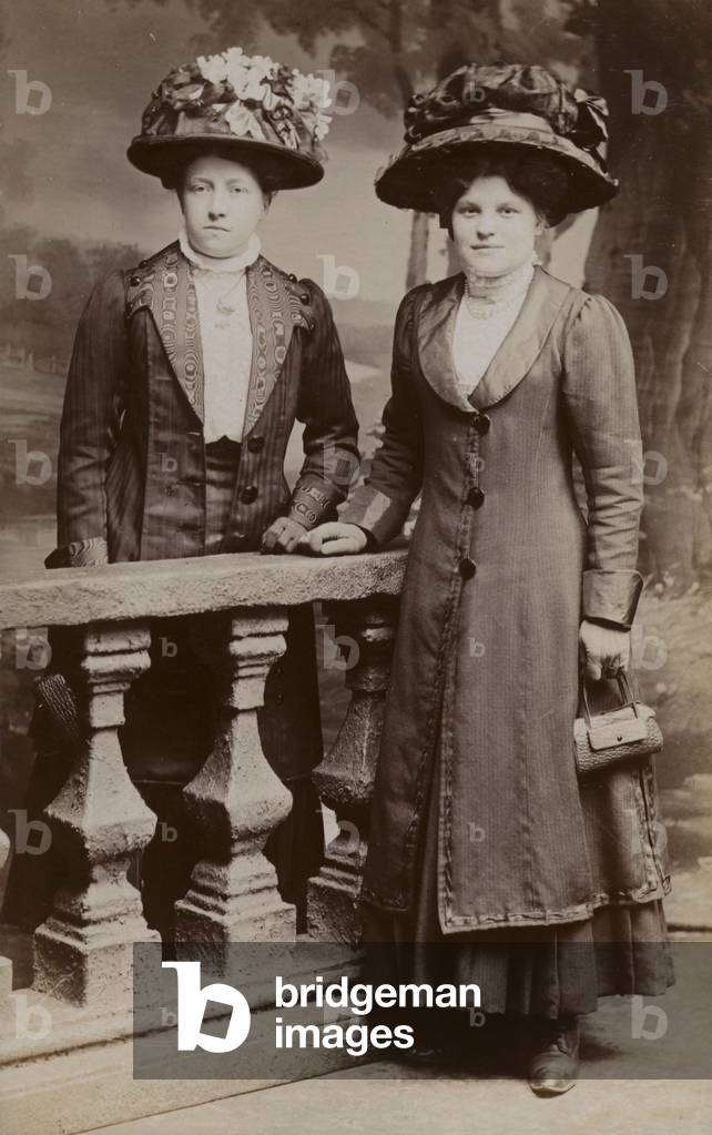 Two middle class English women in their finery (b/w photo)