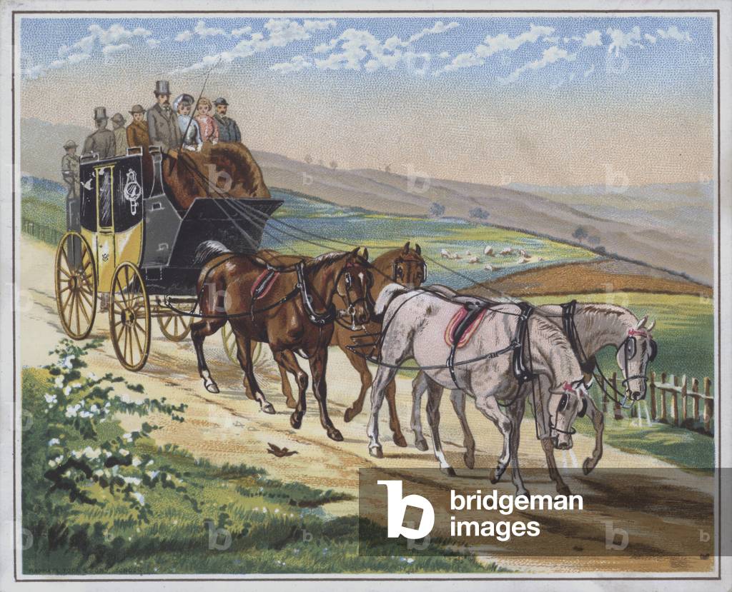 Mail stagecoach travelling along a country road (chromolitho)