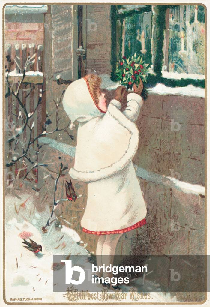 Girl placing holly on window ledge, New Year Card (chromolitho)