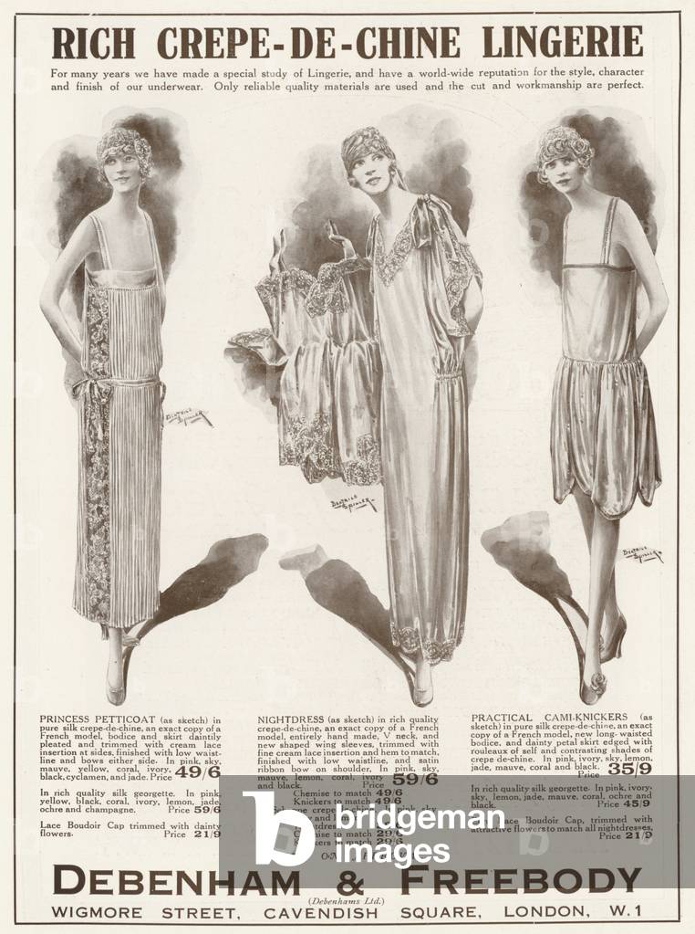 Advertisement for Debenham & Freebody crepe-de-chine lingerie (litho)