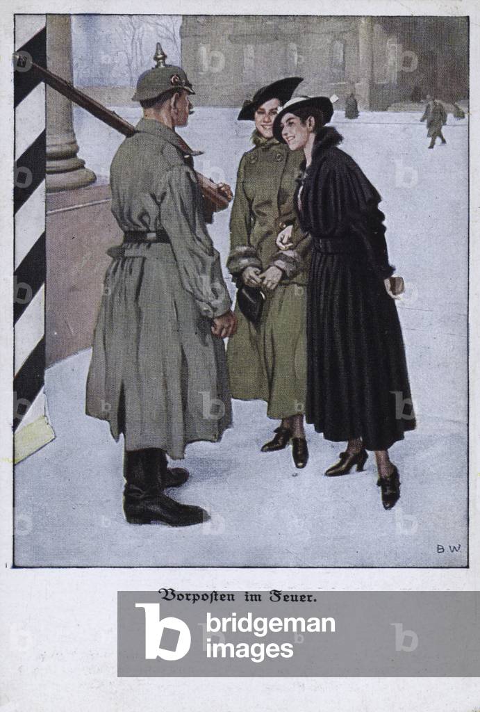 Two women chatting to a sentry, humorous German military postcard (colour litho)