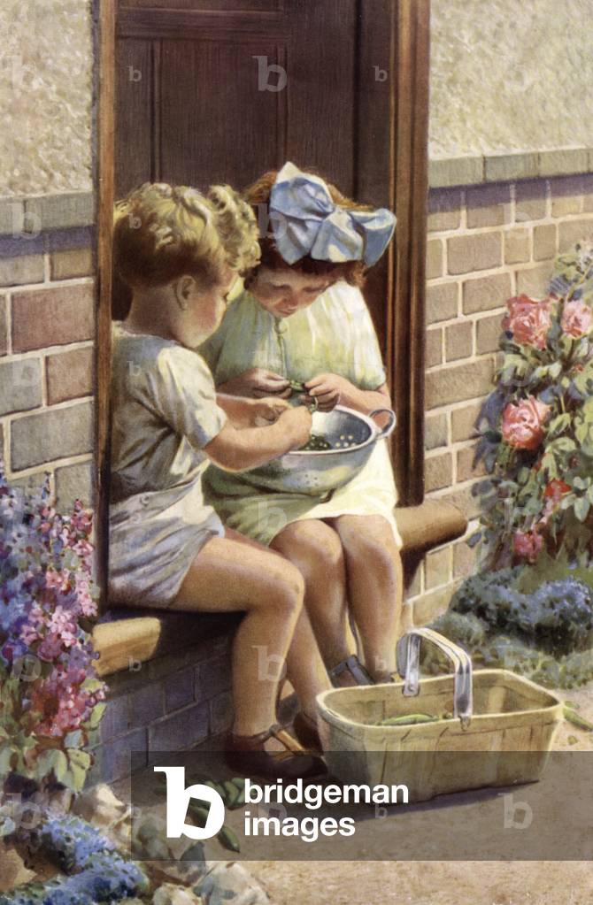 Little boy and girl shelling peas (colour litho)