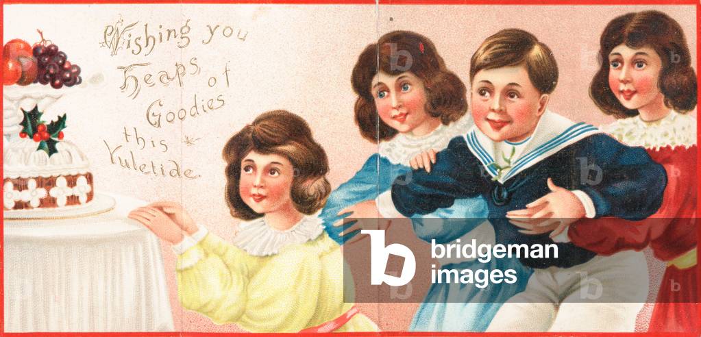 Children looking at Christmas Food, Christmas Card (chromolitho)