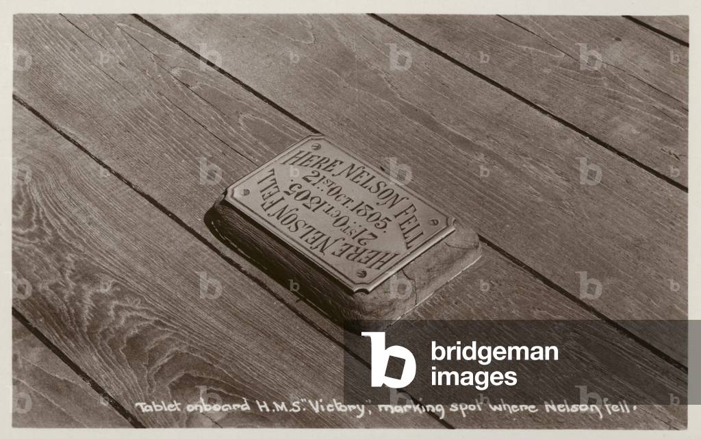 Tablet on board HMS Victory marking the spot where Nelson fell (b/w photo)